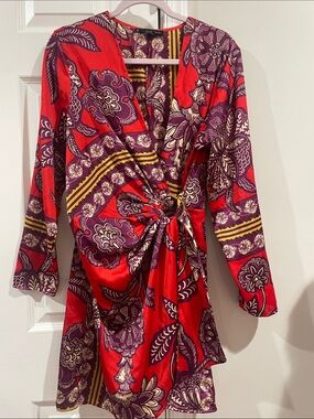 Mango Women’s Red and Purple Floral Wrap Dress with Cream Bloom Print Size 8